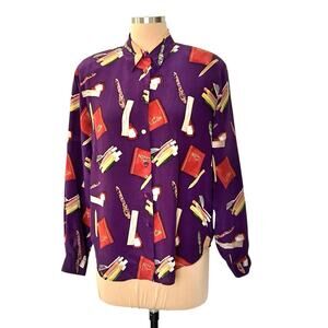 Allison Taylor Silk Blouse Top Size Medium Purple Teacher Button Up Vintage